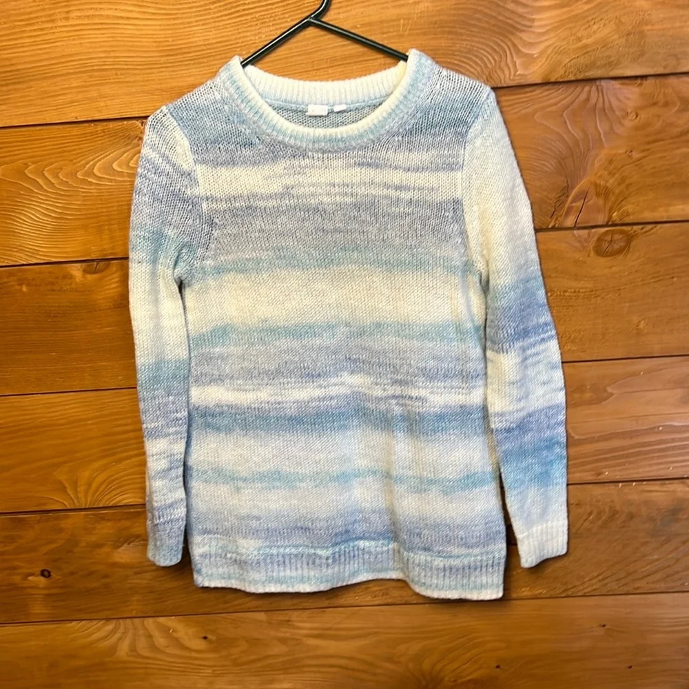 Gap Women Blue White Space Dye Ombre Crewneck Lightweight Knit Sweater S Seafoam